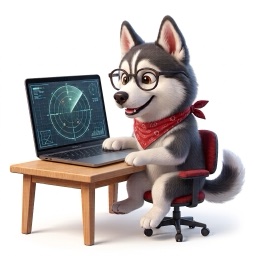 Pingilla app icon: Milla the husky at her desk, watching a radar on a laptop