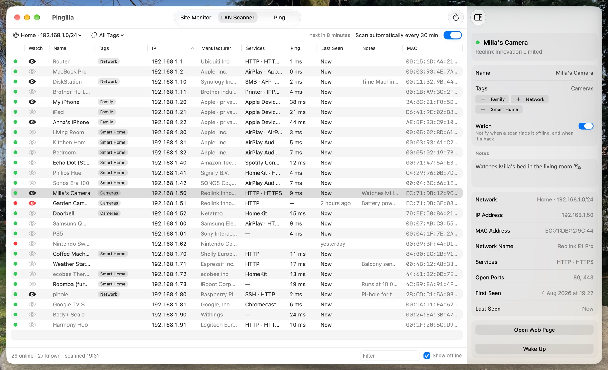 LAN Scanner window: the devices on a home network with Watch, names, tags, IP, manufacturer, services, ping and MAC, and the inspector of Milla's Camera