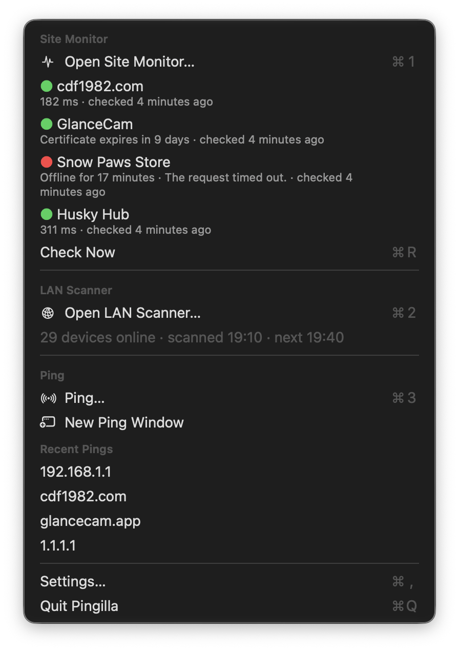 Pingilla's menu bar menu: four sites with their status, one offline in red, a certificate expiring in 9 days, the LAN scan summary and recent pings