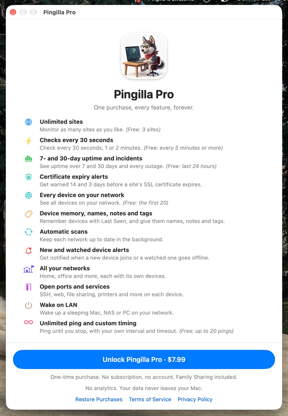 The Pingilla Pro window listing everything Pro adds, with the Unlock Pingilla Pro button