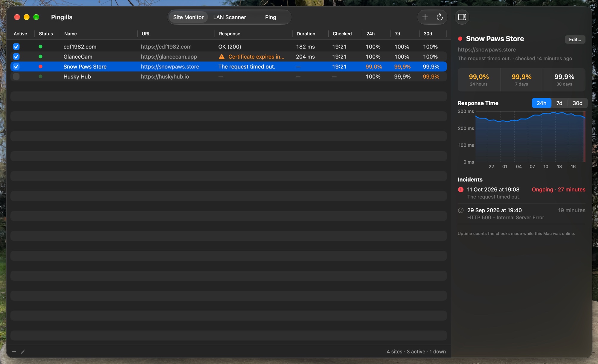 Site Monitor in dark mode with a site down: the inspector shows its uptime, response time chart and an ongoing incident in red